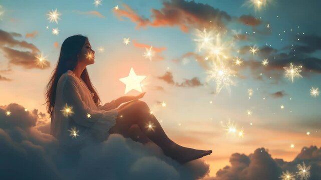 Surreal scene of a woman sitting on a cloud holding a glowing star