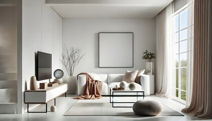 Serene White Living Room with Blank Canvas.