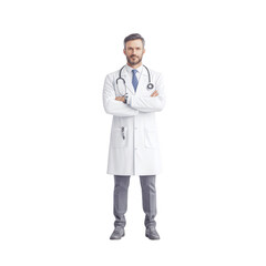 Confident male doctor standing with arms crossed, wearing white coat and stethoscope.