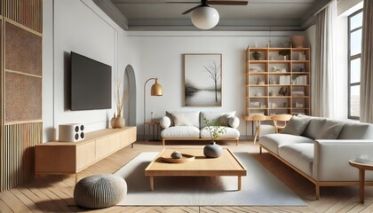 Minimalist Living Room: Modern Design with Wooden Accents.