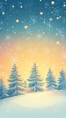 Fototapeta premium Enchanting snowy fir trees with warm glow and festive sky