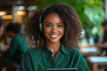A beautiful Black woman wearing a green shirt and headphones