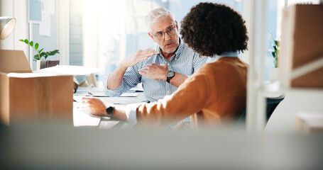 Small business, team and manager in discussion for logistics, shipping and training in office....