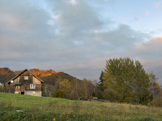 The landscape of Carpathian Mountains in the sunny weather. Perfect weather condition in the autumn season
