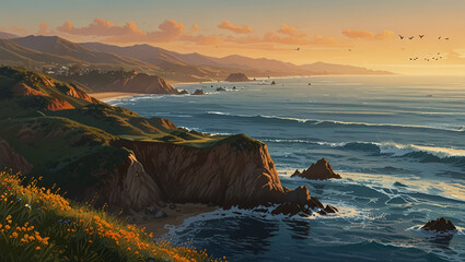 illustration of a sea view from a mountain