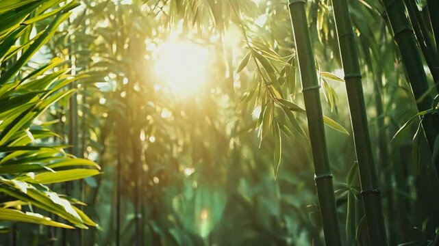 Tall bamboo forest with sunlight filtering through, symbolizing growth, strength, and serenity in nature