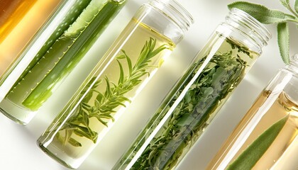 Botanical extracts in test tubes highlighting the exploration of natural ingredients for effective skin treatments in skincare research.