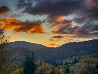 The landscape of Carpathian Mountains in the sunny weather. Perfect weather condition in the autumn season