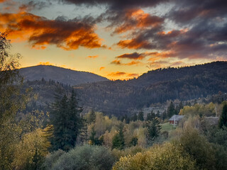 The landscape of Carpathian Mountains in the sunny weather. Perfect weather condition in the autumn season