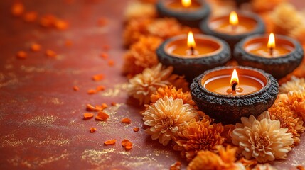 Burning Candles with Orange Flowers, Diwali