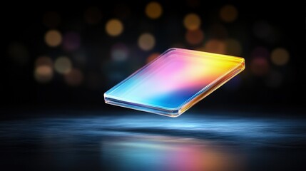 Holographic tablet levitating on dark background with bokeh lights.