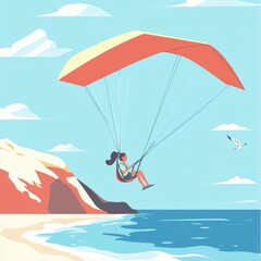 Woman paragliding over ocean coast.