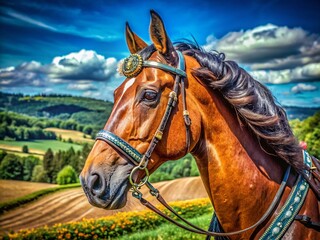 Obraz premium Aerial Photography of a Majestic Horse's Head in a Bridle Capturing the Beauty and Elegance of Equine Features in Natural Surroundings