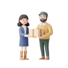 Two diverse characters exchanging a box, symbolizing teamwork and collaboration., isolated on a transparent background.