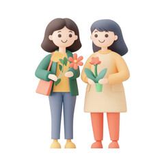 Fototapeta premium Two happy women holding colorful flowers in a friendly environment., isolated on a transparent background.