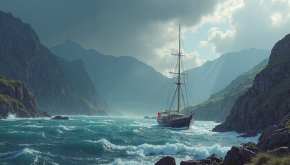 Obraz premium Sailing boat navigating stormy waters in a rocky fjord