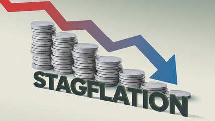 Stacked coins with stagflation text and downward arrow graph  
