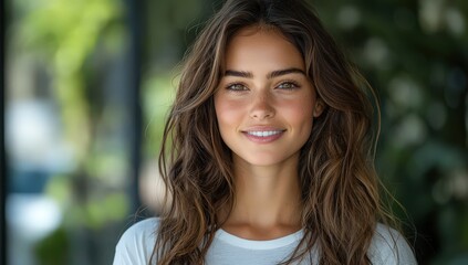 Obraz premium A beautiful young woman with long brown hair is smiling at the camera, standing outdoors in front of green trees on a sunny day. 