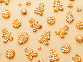 A festive arrangement of decorated gingerbread cookies on a light background.