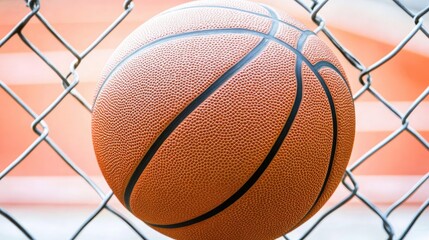 Fototapeta premium Close-Up of a Textured Basketball Hanging on a Chain-Link Fence Against a Blurred Outdoor Court Background with Vibrant Orange Tones