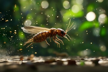 Naklejka premium Insect in flight, particles scattered, blurred background.