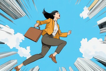 A businesswoman in a yellow blazer running with a briefcase against a bright blue sky and skyscrapers in comic style