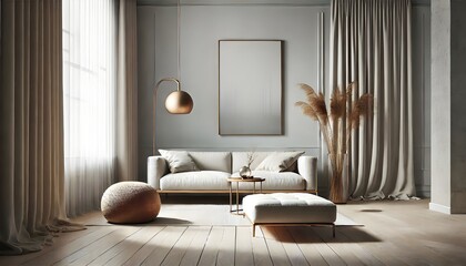 Minimalist Cream Living Room with Light Wood Floor.