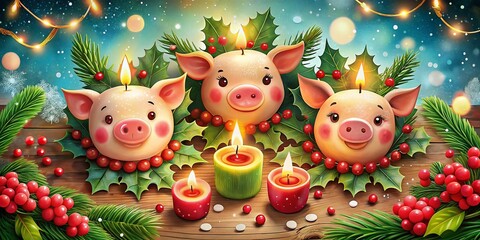 Aerial Photography of Festive Christmas Card Featuring Adorable Pig Candles Surrounded by Holiday Decorations, Snowflakes, and Warm Lighting for a Cozy Atmosphere