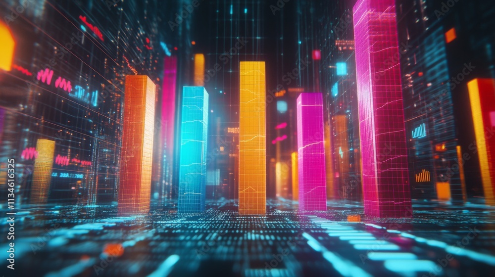 Poster futuristic data visualization with colorful bar graphs and patterns