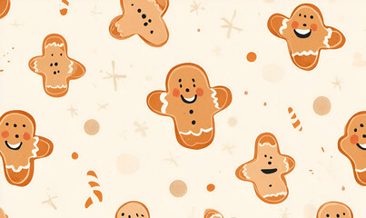 A cheerful pattern featuring gingerbread cookies with smiling faces and festive accents.