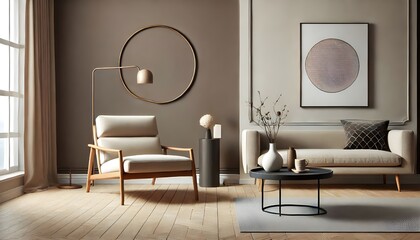 Serene Neutral Living Room with Blank Art Frame Above Sofa.