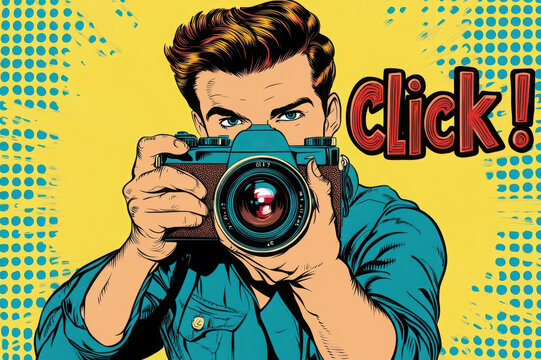 A man with a retro camera taking a photo, comic book-style illustration with bold colors, yellow background, and "Click!" text