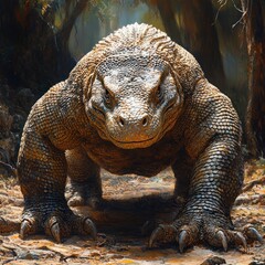 A large, prehistoric-looking reptile stands in a dense forest environment.