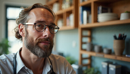 Fototapeta premium Bearded man wearing glasses in cozy modern interior 