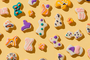 Fototapeta premium Colorful, abstract-shaped cookies displayed on a yellow background.