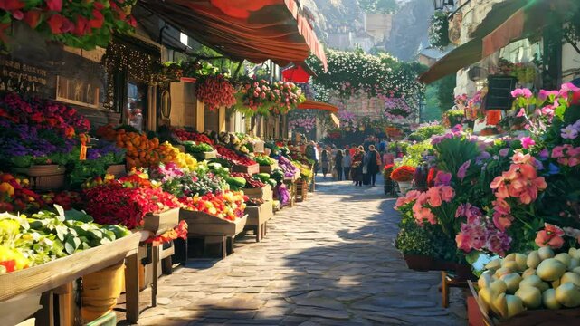 Traditional French market filled with fresh produce and vibrant flowers