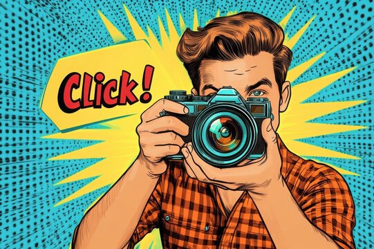 A man in a plaid shirt holding a retro camera, comic book-style illustration with vibrant blue and yellow background and "Click!" text