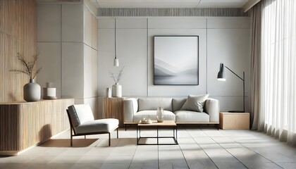Fototapeta premium Minimalist Living Room with Neutral Tones and Wood Accents.