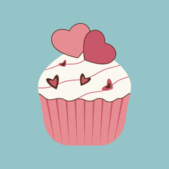 A hand-drawn cupcake decorated with hearts. An element for creating a design for Valentine's Day, weddings, menus, can be used on postcards, invitations, flyers, posters, advertising