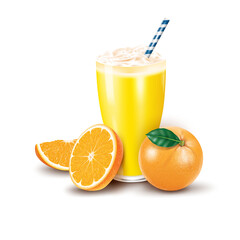 realistic orange juice glass and orange fruit and slices isolated on the white background vector illustration.
