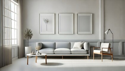Minimalist Light Gray Living Room with Sofa, Chair, and Framed Artwork.