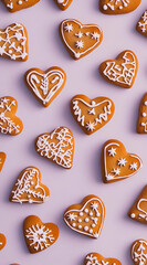 A collection of decorated gingerbread heart cookies on a pastel background.