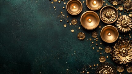 Gold Candles & Flowers on Dark Green Background