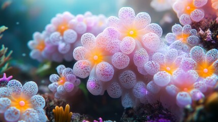 Close-Up, Vibrant Coral Polyps in an Underwater Scene, Bursting with Ocean Life and Beauty