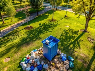 Fototapeta premium Aerial View of a Blue Garbage Bin Surrounded by Lush Greenery, Highlighting Waste Management Practices in Urban Environments with Nature Integration and Cleanliness Focus