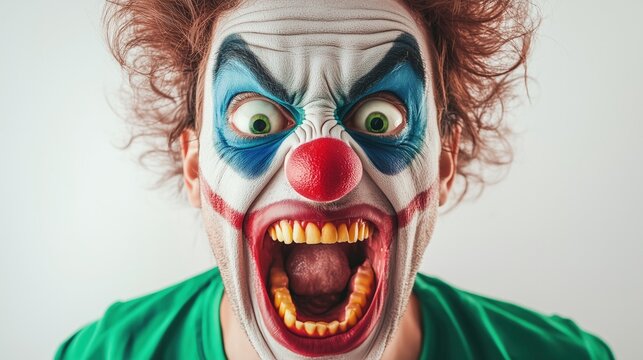 Close-up of a man with scary clown makeup, screaming.