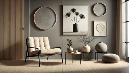 Modern Gray Room: Chair, Round Mirrors, and Artwork
