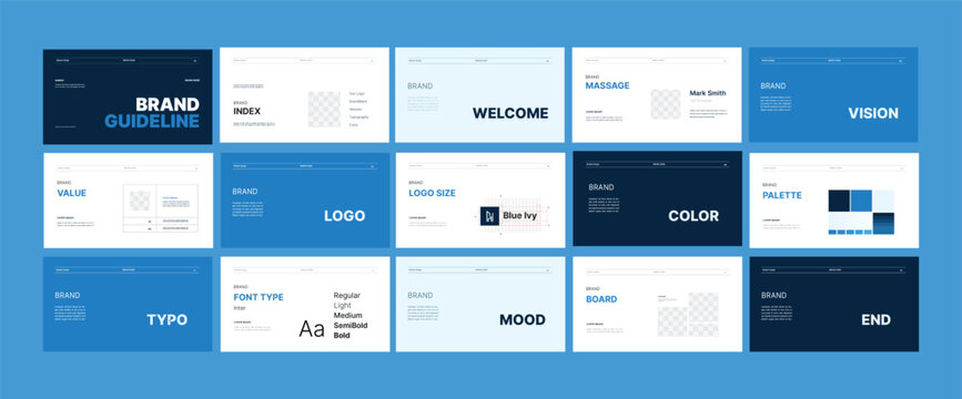 Brand guidelines template, Landscape brand identity presentation, Blue and navy, modern and clean design, Logotype guidelines template for healthcare, medical, physiotherapy, corporate