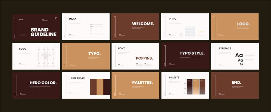 Brand guidelines template, Landscape brand identity presentation, Brown color, modern and clean design, Logotype guidelines template, 