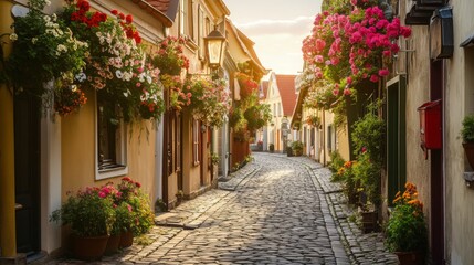 Obraz premium Charming Cobblestone Street with Colorful Flower Baskets